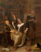 Richard Brakenburg (Dutch, 1650-1702) Couple drinking and laughing in an interior, with a maid by