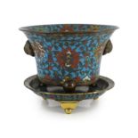 A Chinese Ming cloisonné enamel and bronze tripod censer and associated tripod stand, 16th/17th