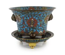 A Chinese Ming cloisonné enamel and bronze tripod censer and associated tripod stand, 16th/17th