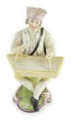 A Frankenthal porcelain figure of a zither player, c.1760, modelled seated on a scrollwork base,