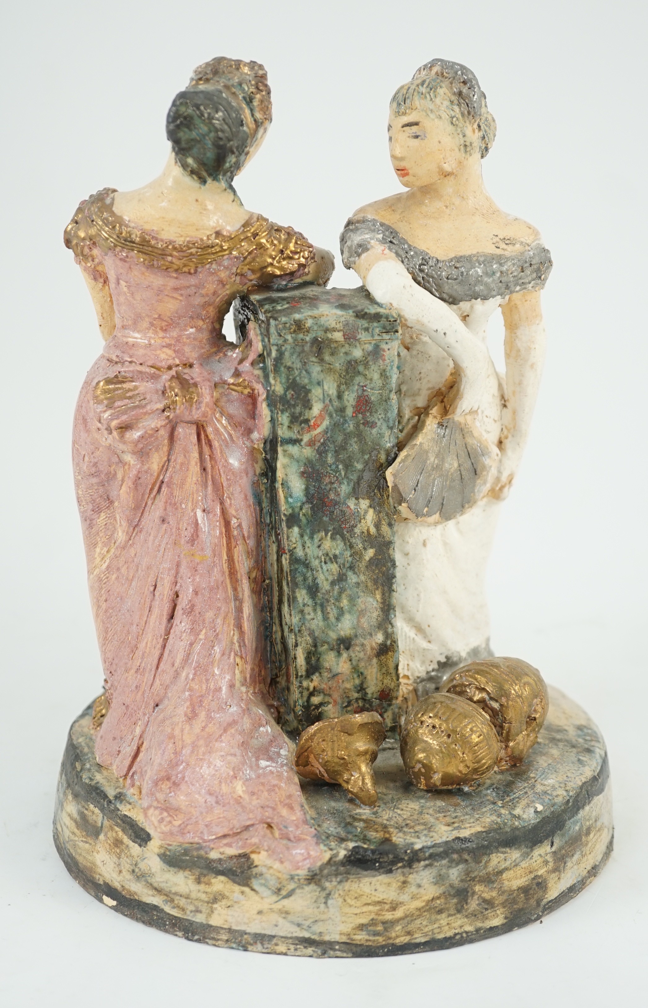 § § Quentin Bell (1910-1996). A studio pottery group of two women in ballgowns, painted in - Image 4 of 8