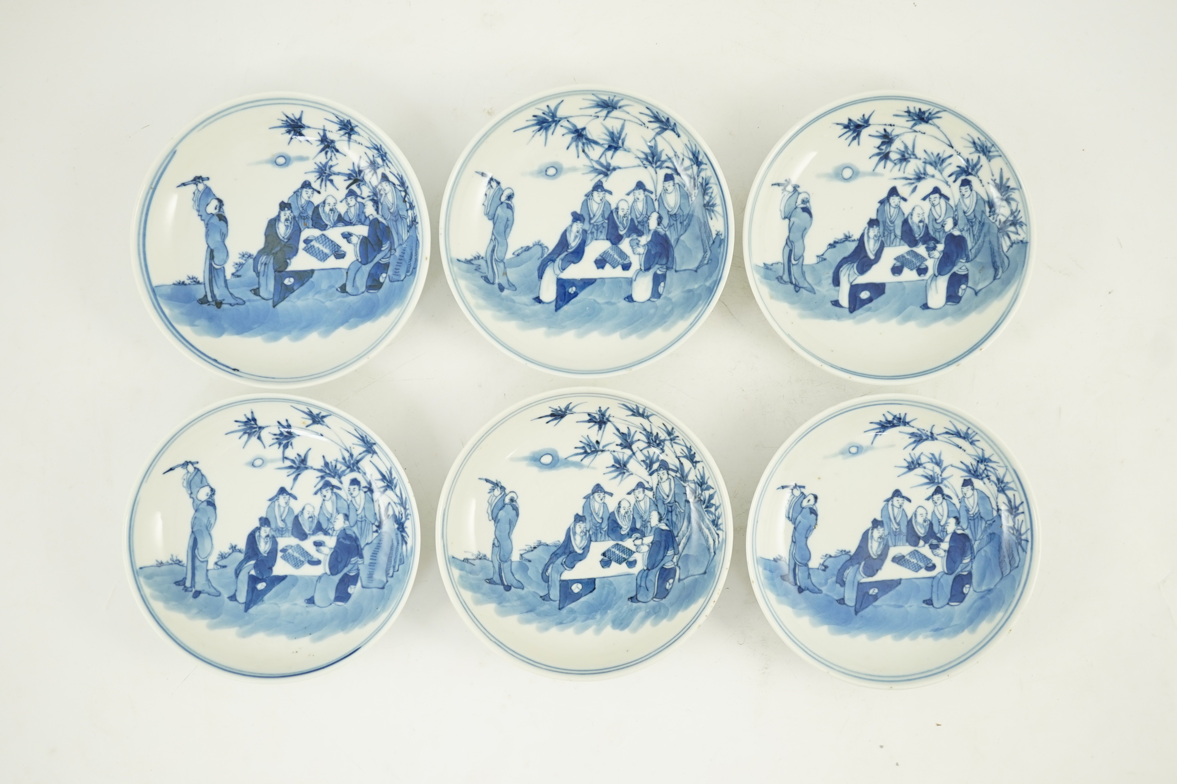 A set of six Chinese ‘Seven Sages of the Bamboo Grove’ saucer dishes, Kangxi marks but late 19th - Image 10 of 10