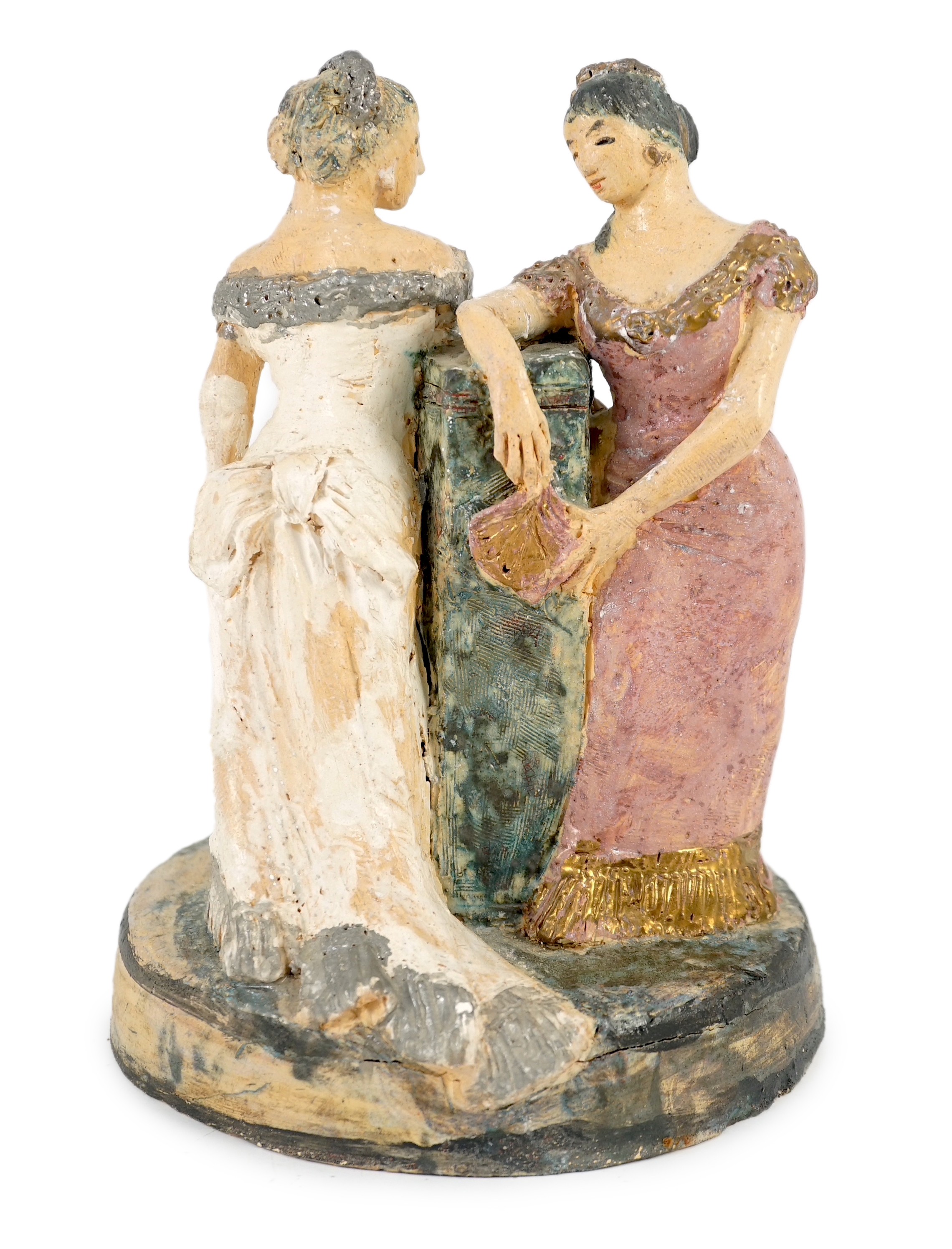 § § Quentin Bell (1910-1996). A studio pottery group of two women in ballgowns, painted in