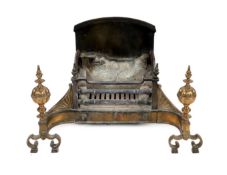 A George III brass cast and wrought iron fire grate, with fluted ball finials and scroll feet, 102cm