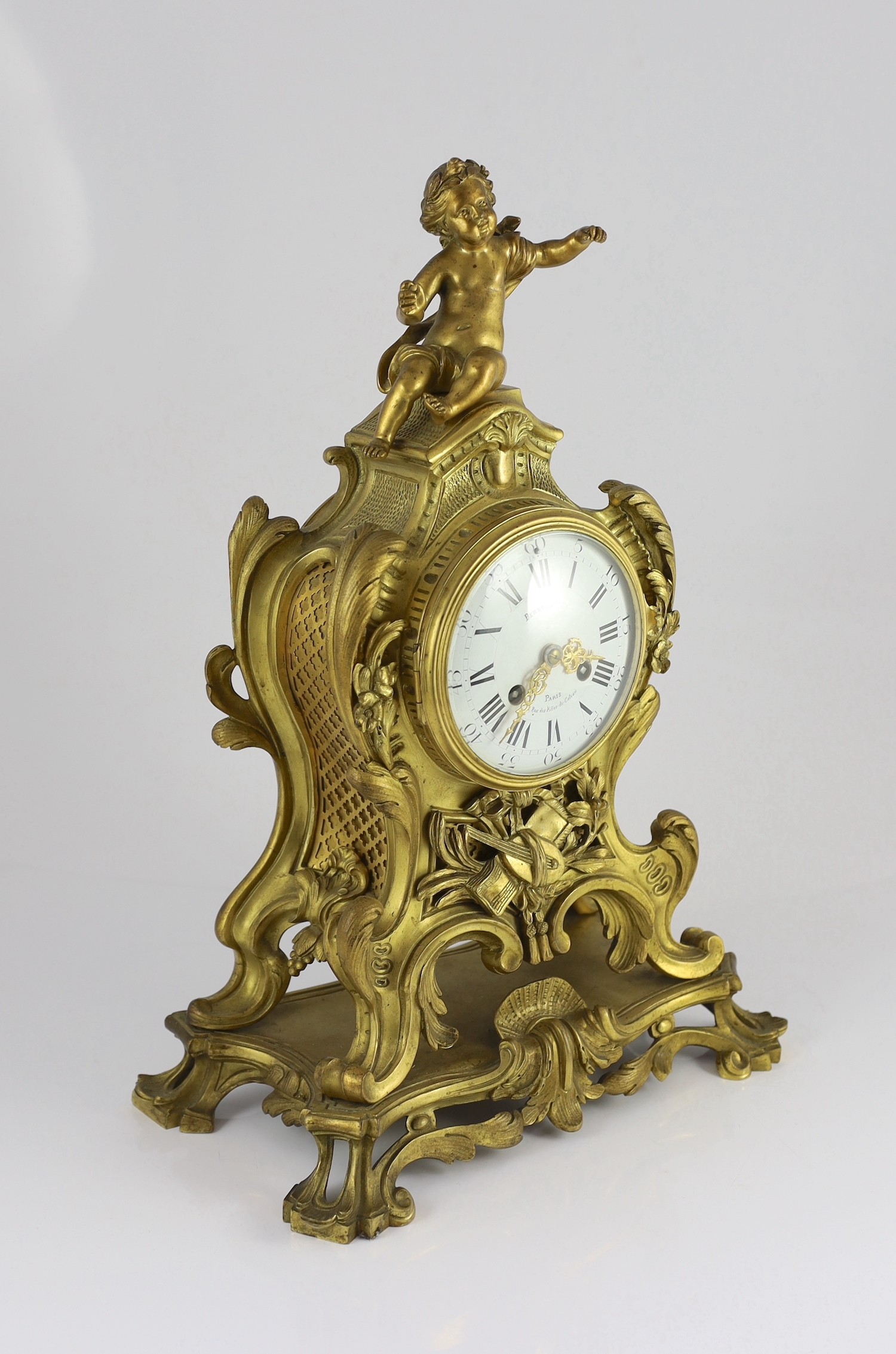 Bernoux of Paris. A 19th century Louis XV style ormolu mantel clock, with putto finial, enamelled - Image 3 of 6