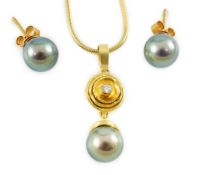 A modern textured gold, diamond and Tahitian pearl set drop pendant, on an 18ct gold snake link