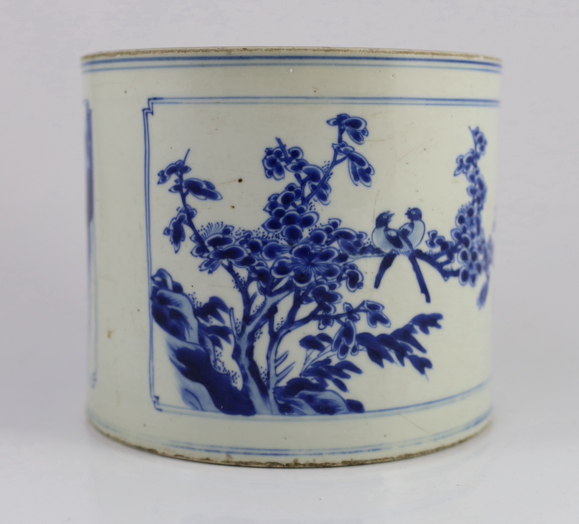 A Chinese blue and white ‘landscape’ brushpot, bitong, Kangxi period, painted to rectangular - Image 4 of 7