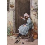 Charles Edward Wilson (British, 1854-1942) Girl and kitten at a cottage doorwaywatercoloursigned