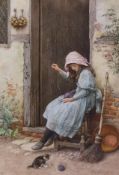 Charles Edward Wilson (British, 1854-1942) Girl and kitten at a cottage doorwaywatercoloursigned