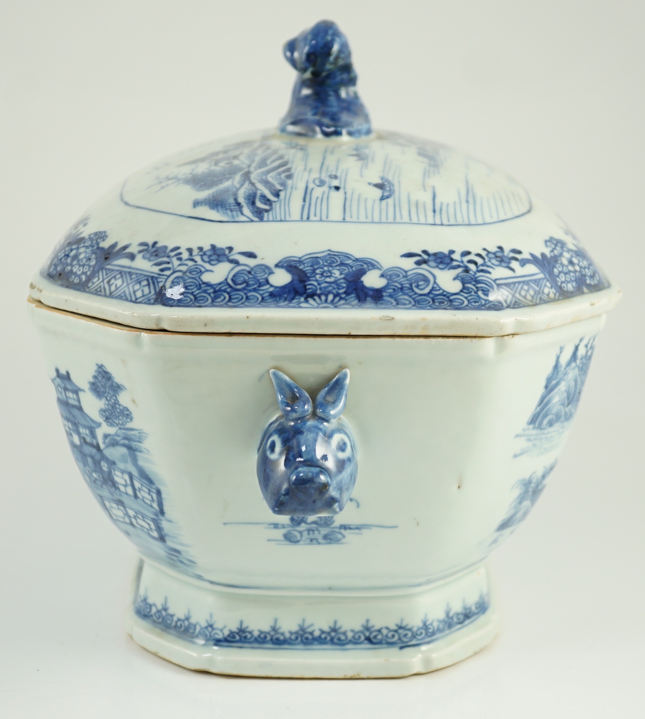 A Chinese blue and white tureen and cover, Qianlong period, typically painted with figures in - Image 3 of 8