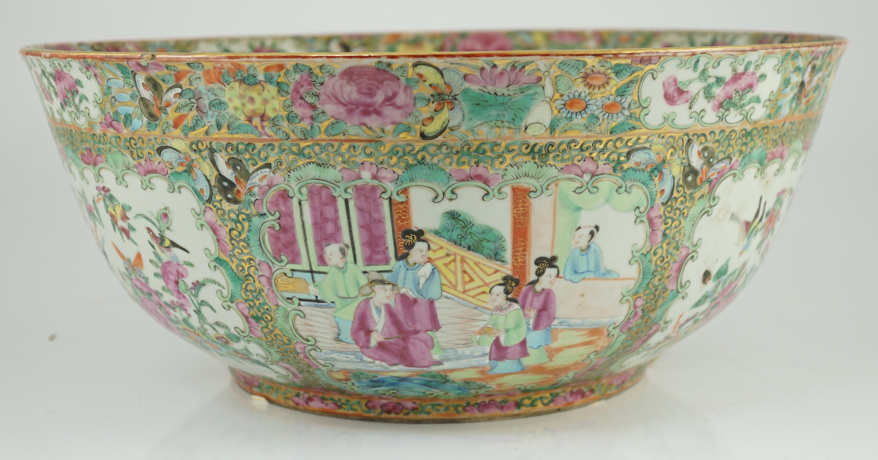 A large Chinese Canton (Guangzhou) decorated famille rose bowl, c.1830-50, typically painted to - Image 3 of 9