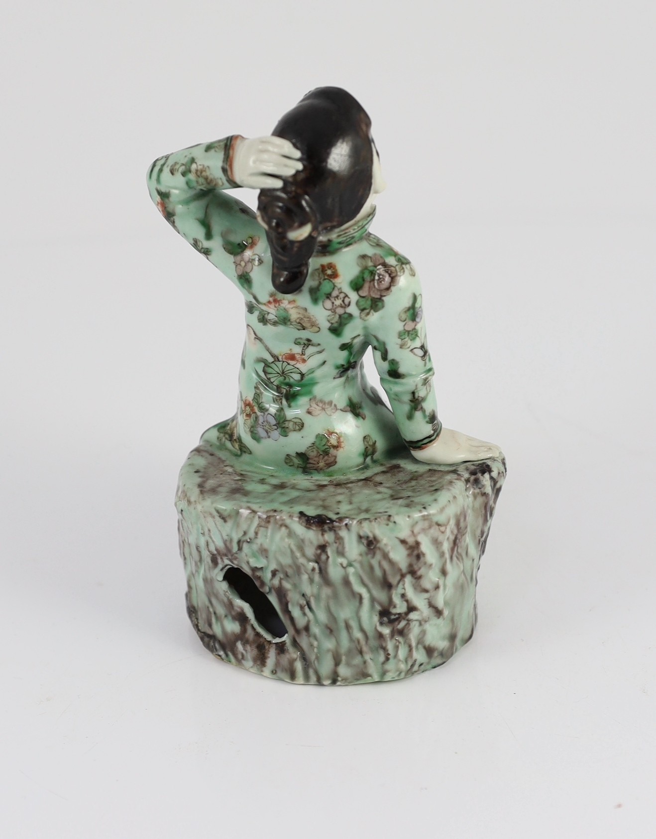 A Chinese enamelled porcelain figure of a Han Chinese woman, late 19th century, seated on a tree - Image 2 of 3