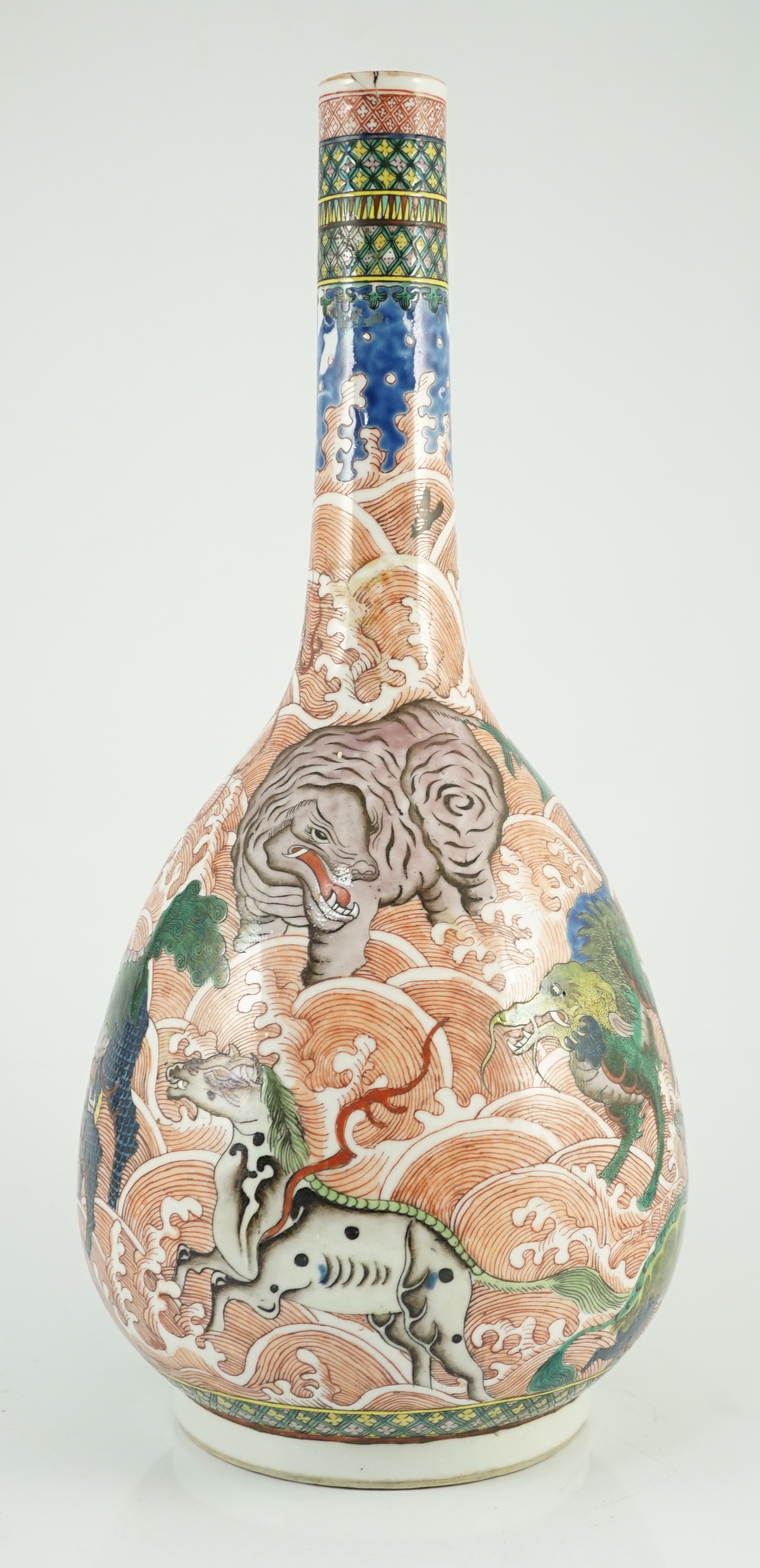 A Chinese famille verte ‘mythical creatures’ bottle vase, 19th century, painted in colours with - Image 4 of 7