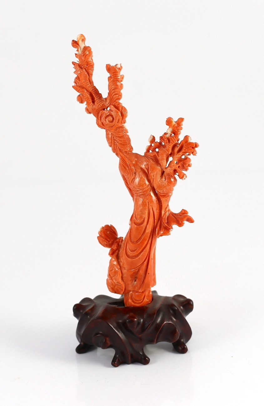 A Chinese carved coral figure of a flower fairy, 20th century, the figure holding a vase of - Image 2 of 8