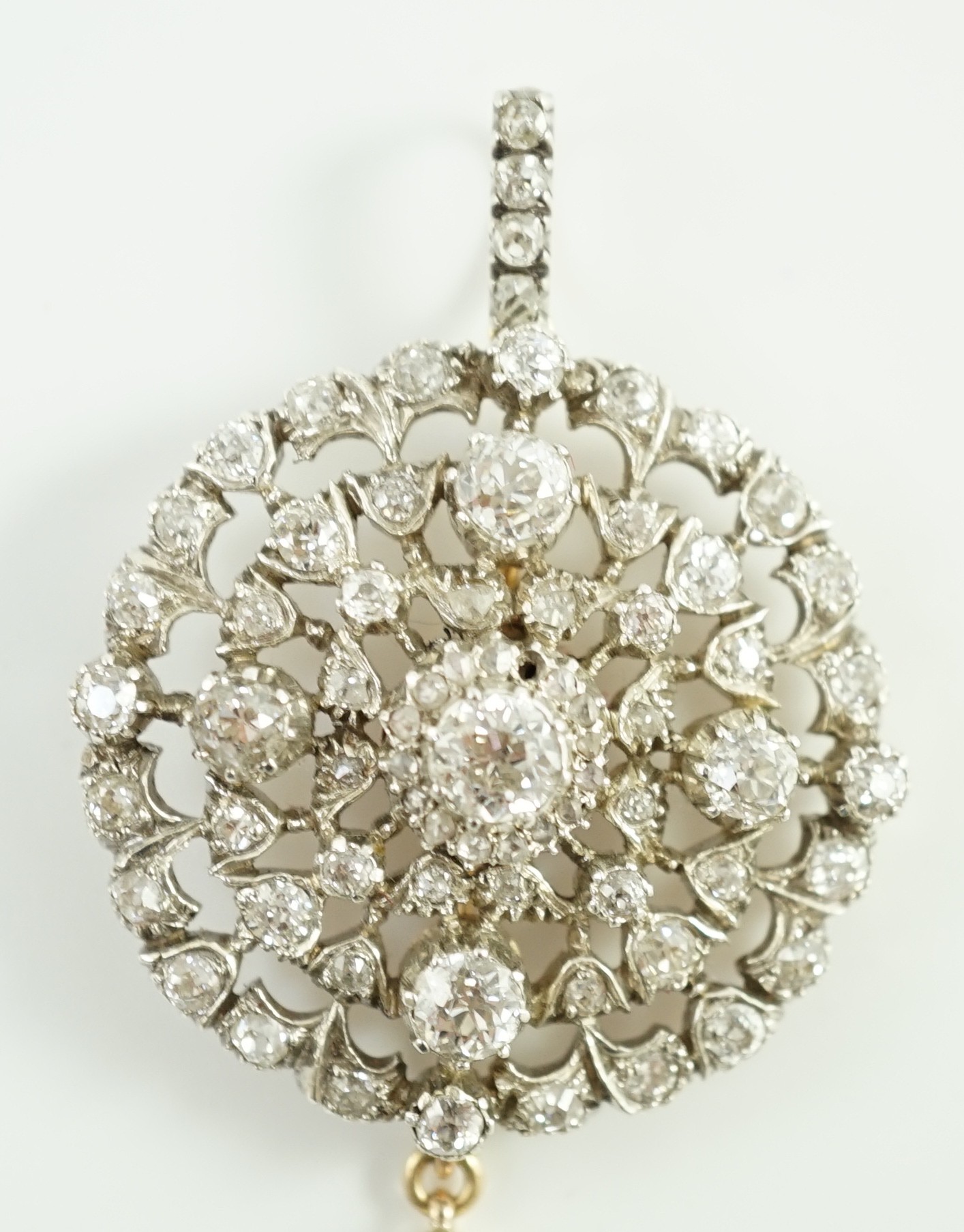 A Victorian gold, silver and graduated diamond cluster set target drop pendant brooch, retailed by - Image 3 of 8