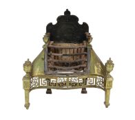 A George III brass mounted wrought and cast iron fire grate, of serpentine form, with pierced