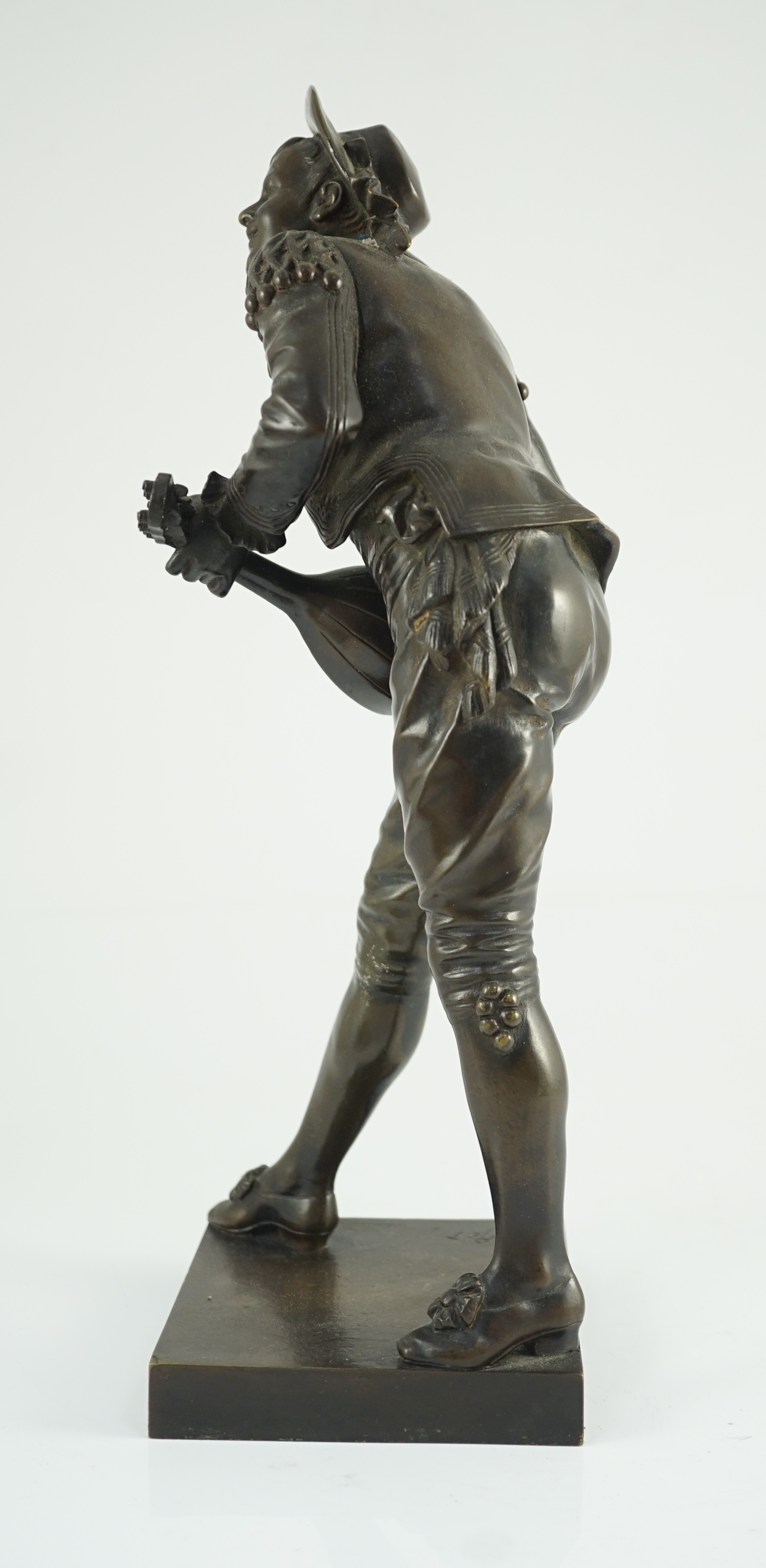 Eutrope Bouret (French, 1833-1906). A bronze figure of 'Figaro', standing playing a mandolin, signed - Image 9 of 9