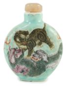 A Chinese enamelled porcelain ‘mythical beasts’ snuff bottle, 1850-1900, painted with a tiger, two