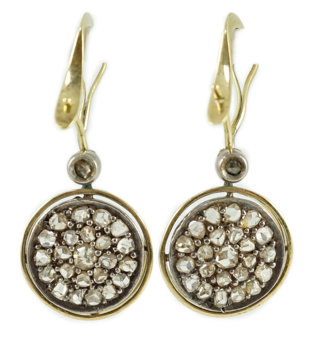 A pair of gold and rose cut diamond cluster set target drop earrings, overall 34mm, diameter 14mm,