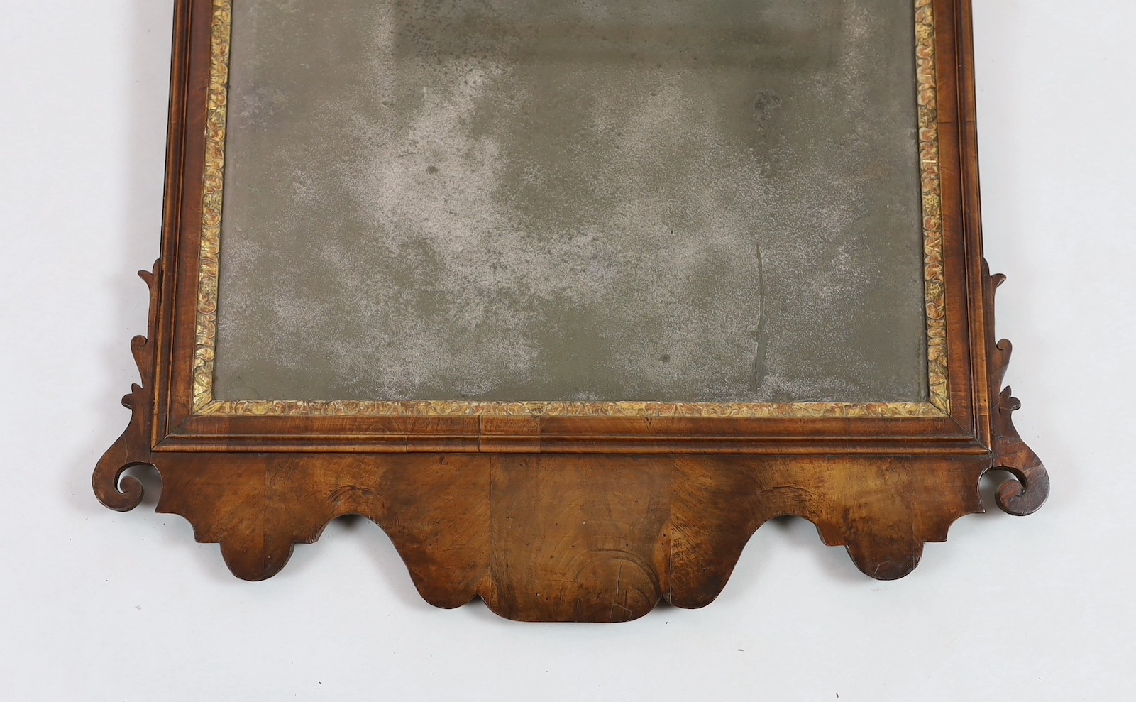 A George II walnut and parcel gilt fret frame wall mirror, with Prince of Wales feathered crest - Image 2 of 5
