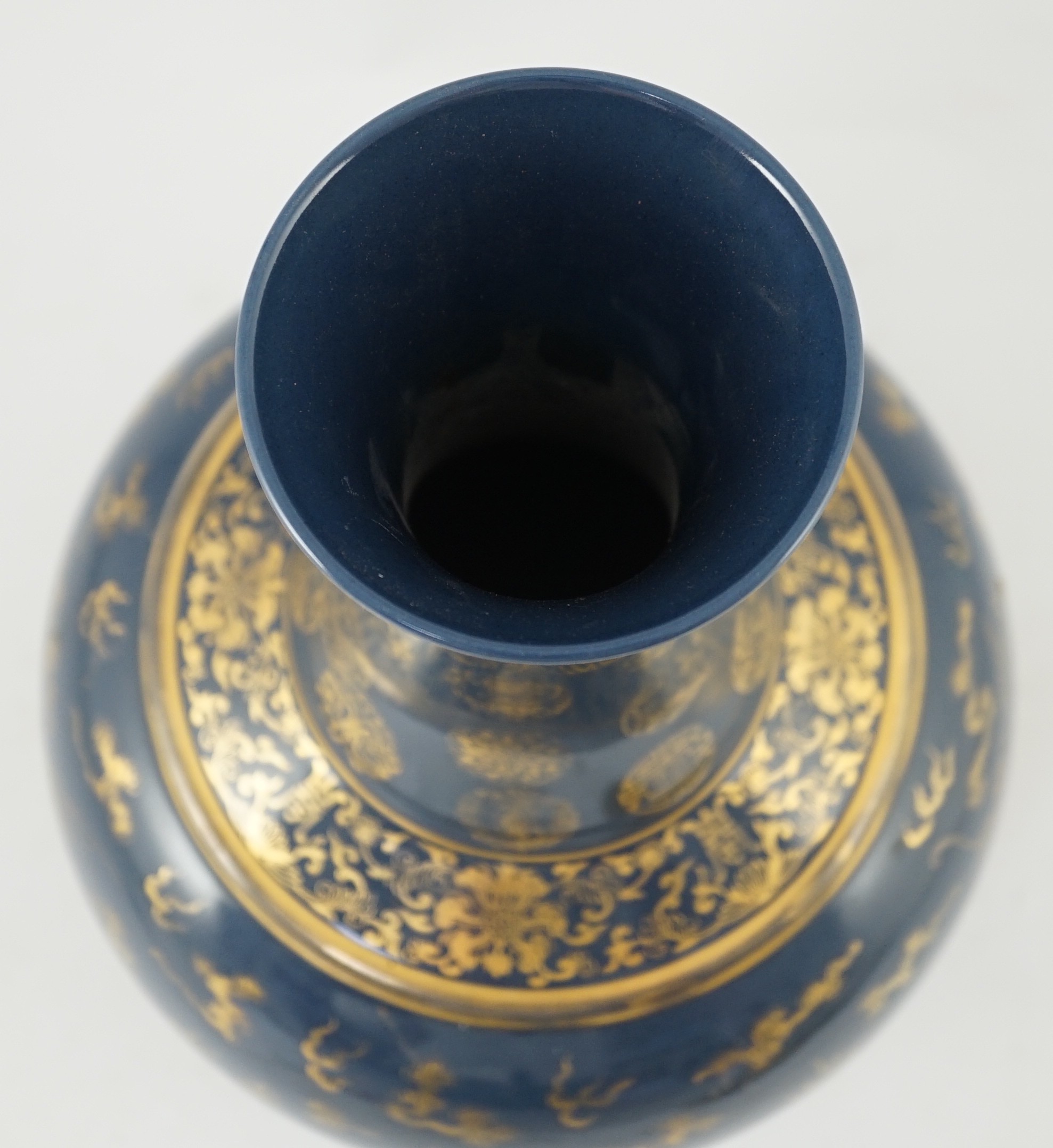 A Chinese gilt decorated blue ground ‘dragon’ vase, Guangxu mark but later, the neck decorated - Image 5 of 7
