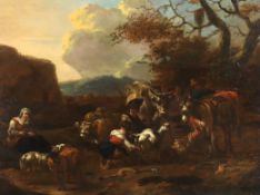 Jan Frans Soolmaker (Flemish, 1635-1685) A pastoral landscape with cattle, goats, sheep and