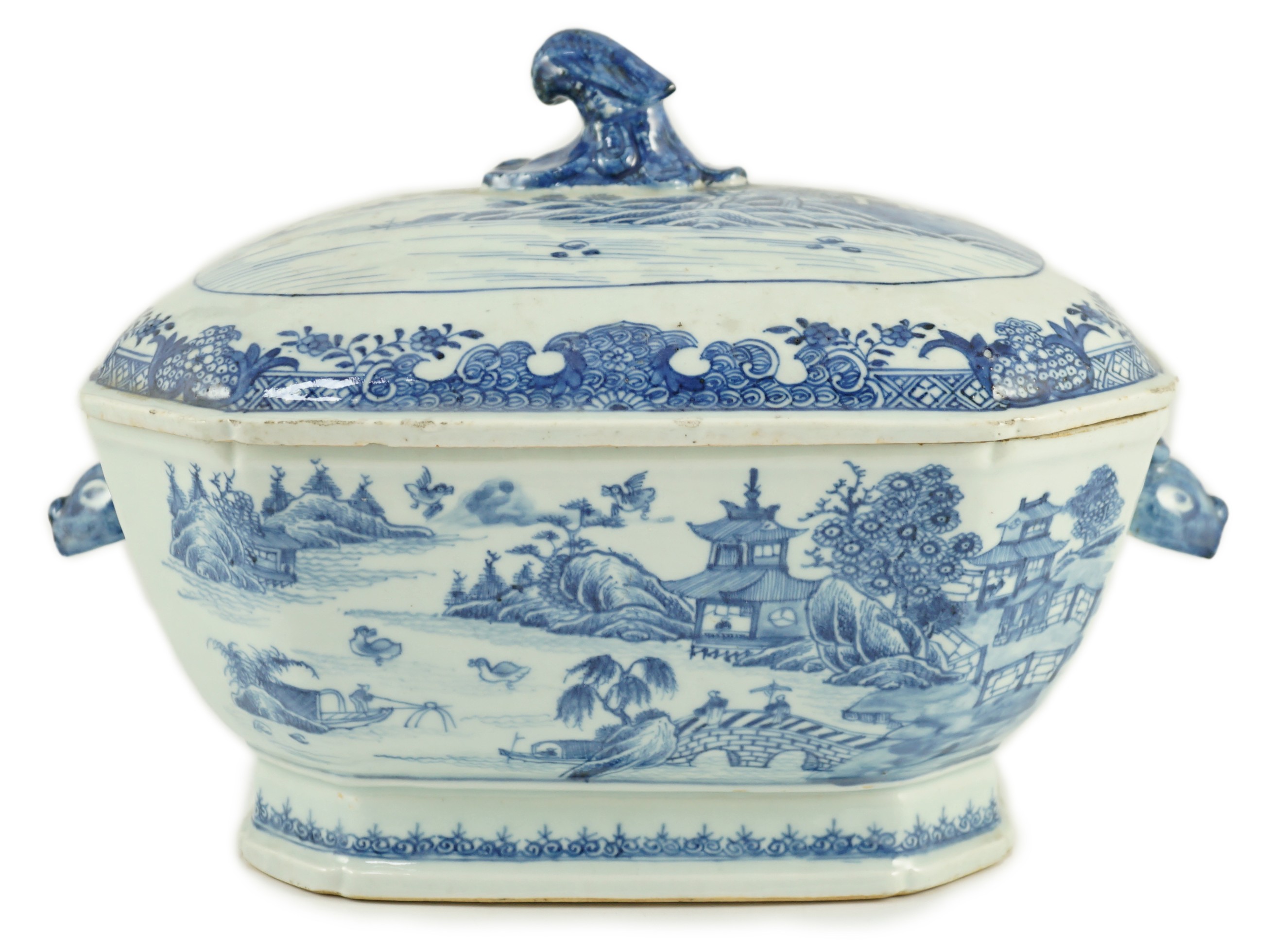 A Chinese blue and white tureen and cover, Qianlong period, typically painted with figures in