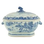 A Chinese blue and white tureen and cover, Qianlong period, typically painted with figures in