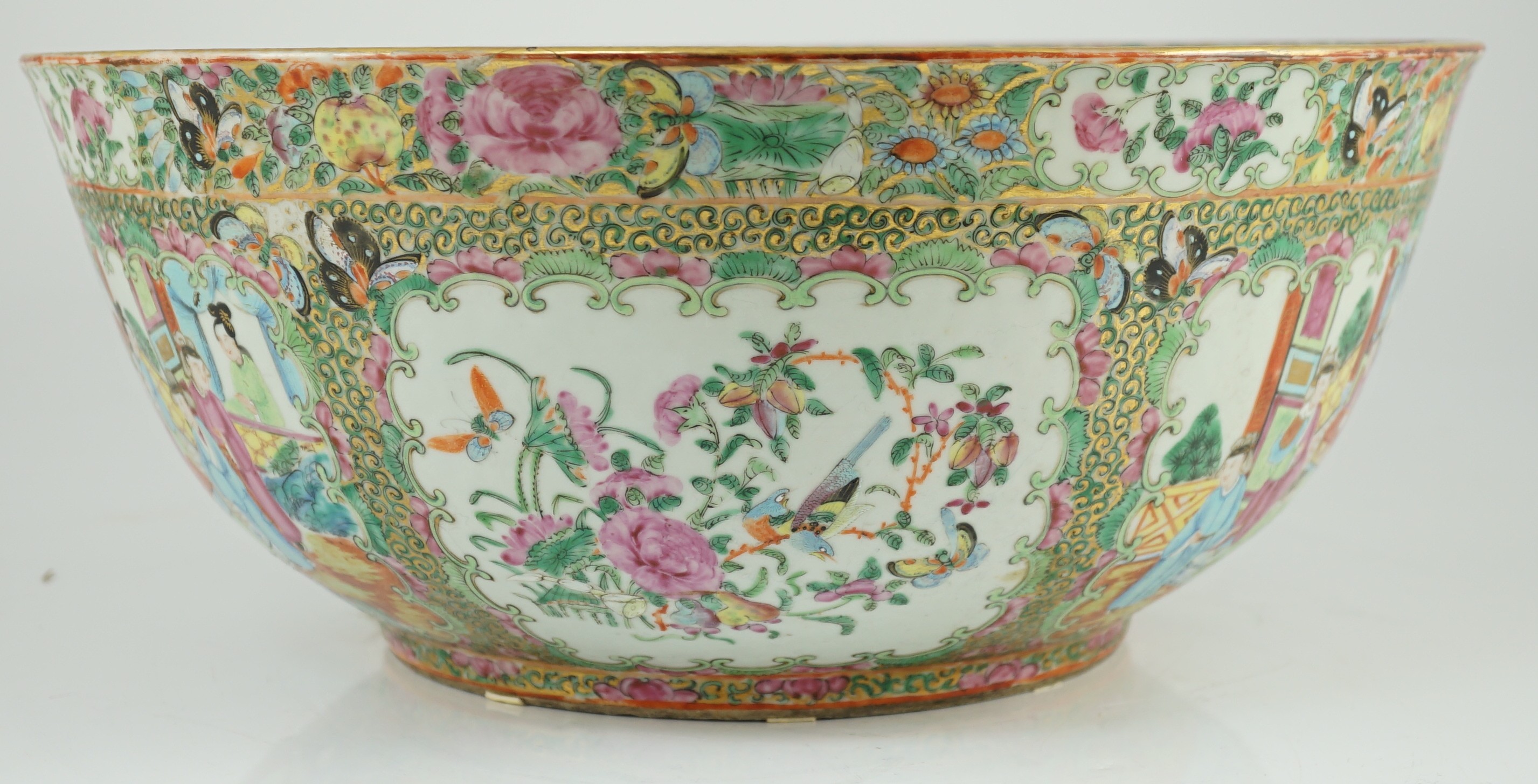 A large Chinese Canton (Guangzhou) decorated famille rose bowl, c.1830-50, typically painted to - Image 6 of 9