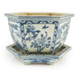 A Chinese hexagonal blue and white planter and underdish, 19th century, painted with alternating