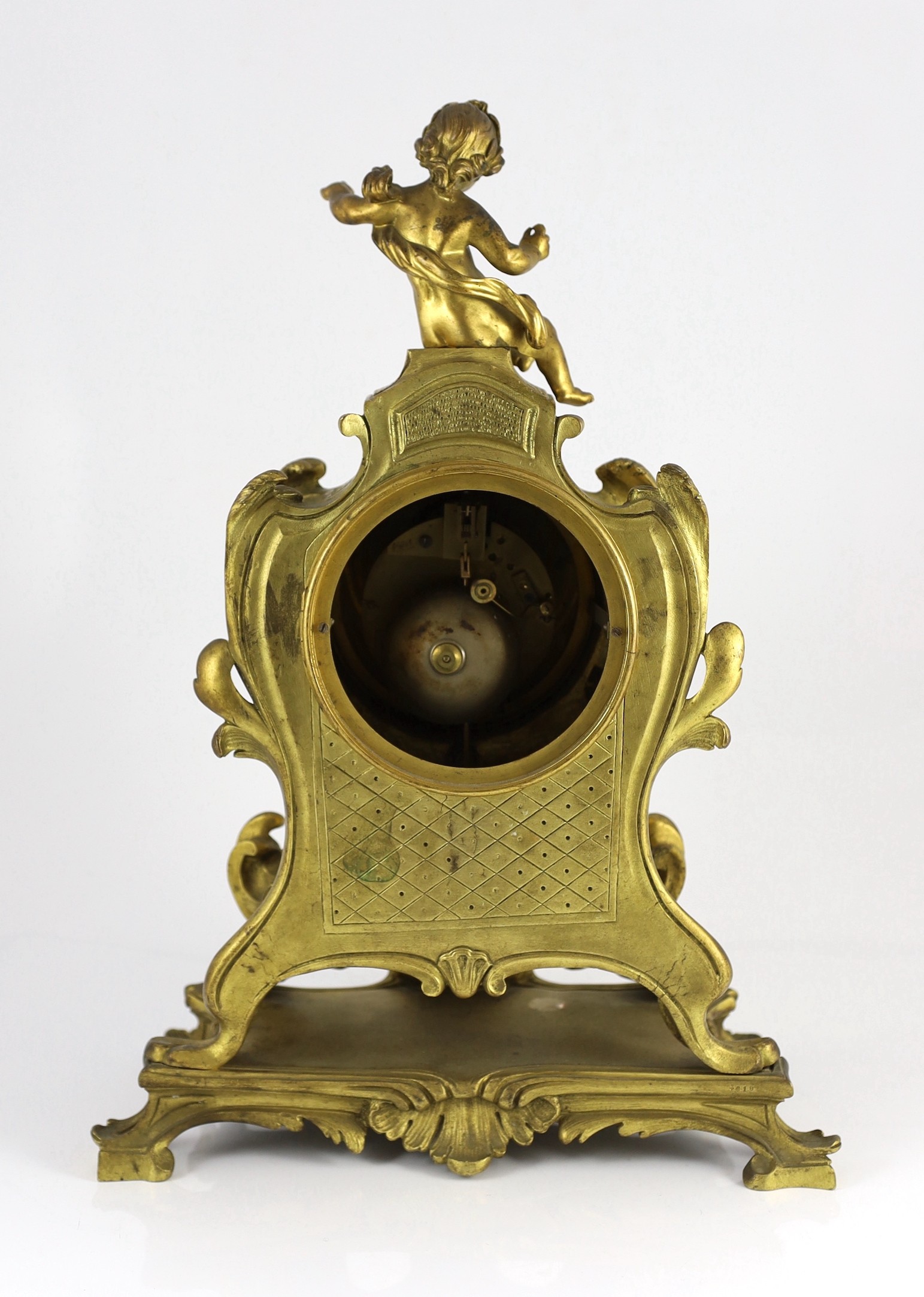 Bernoux of Paris. A 19th century Louis XV style ormolu mantel clock, with putto finial, enamelled - Image 5 of 6