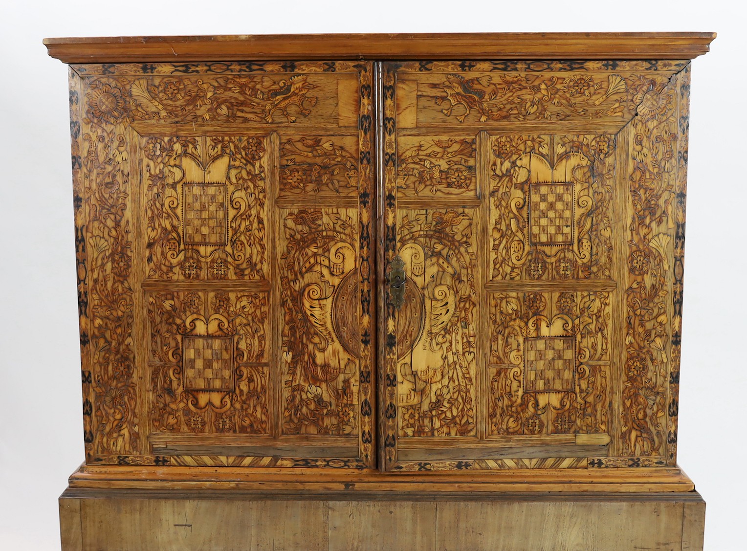 A 17th century and later South German walnut and marquetry cabinet on later stand, with moulded - Image 3 of 4
