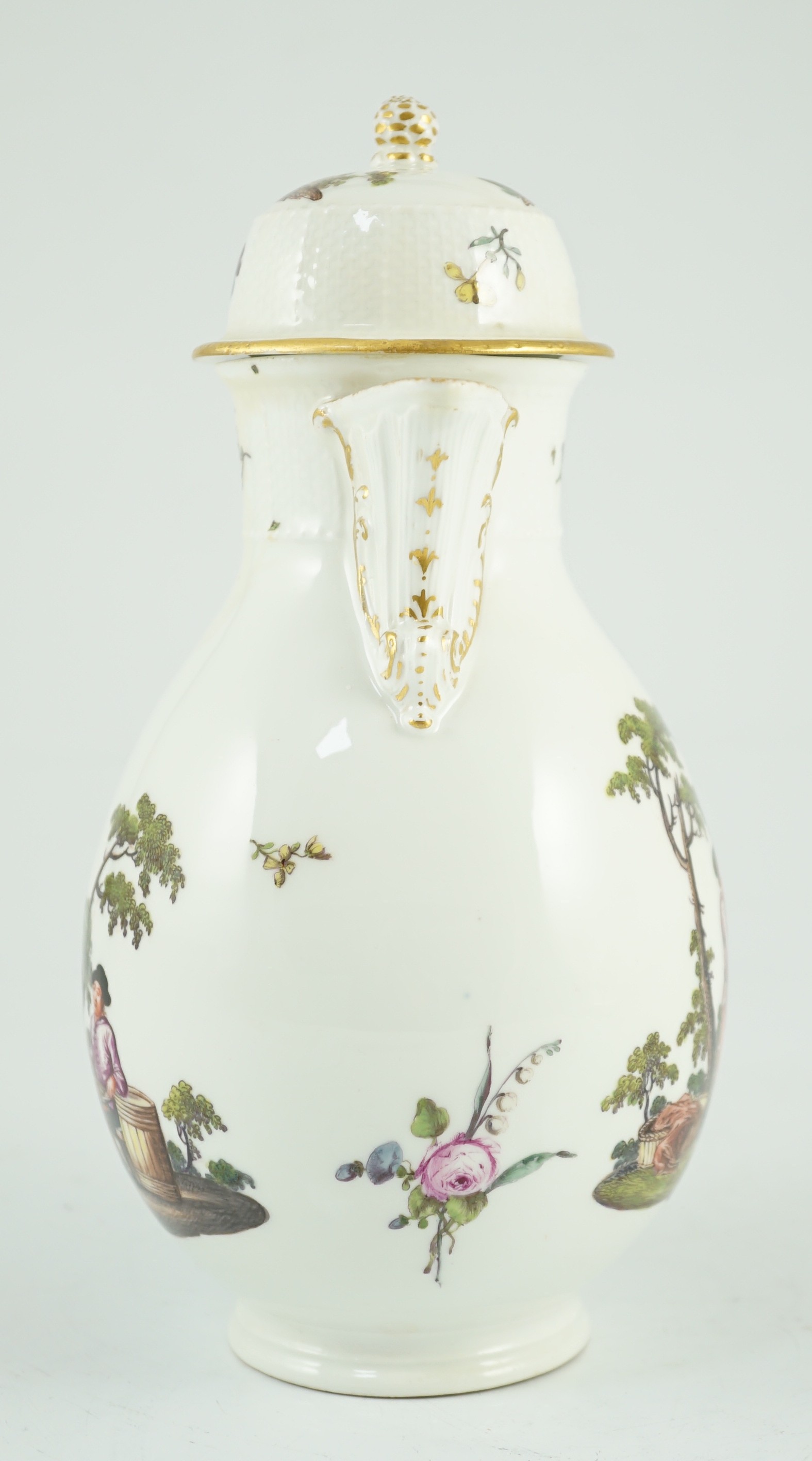 A Meissen coffee pot and cover, c.1760, of baluster shape applied with a wishbone shaped handle, - Image 2 of 8