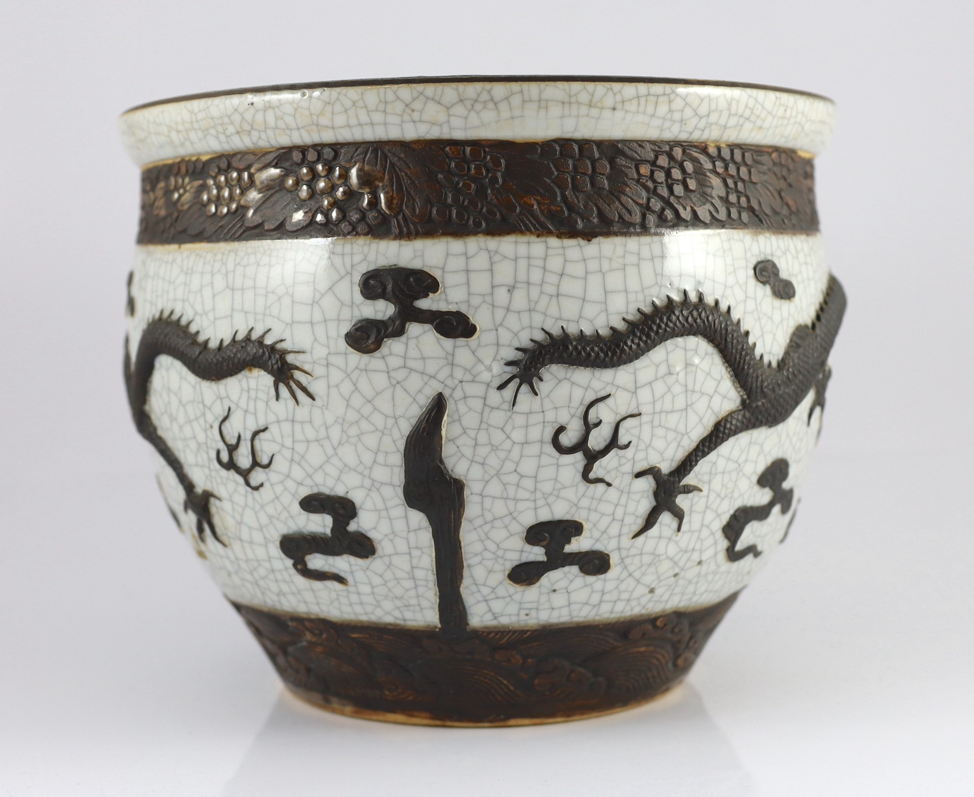 A Chinese crackle glaze 'dragon' jardiniere, late 19th century, moulded in relief and painted in - Image 3 of 6