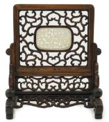 A small Chinese jade mounted hongmu tablescreen, late 19th/early 20th century, the central oblong