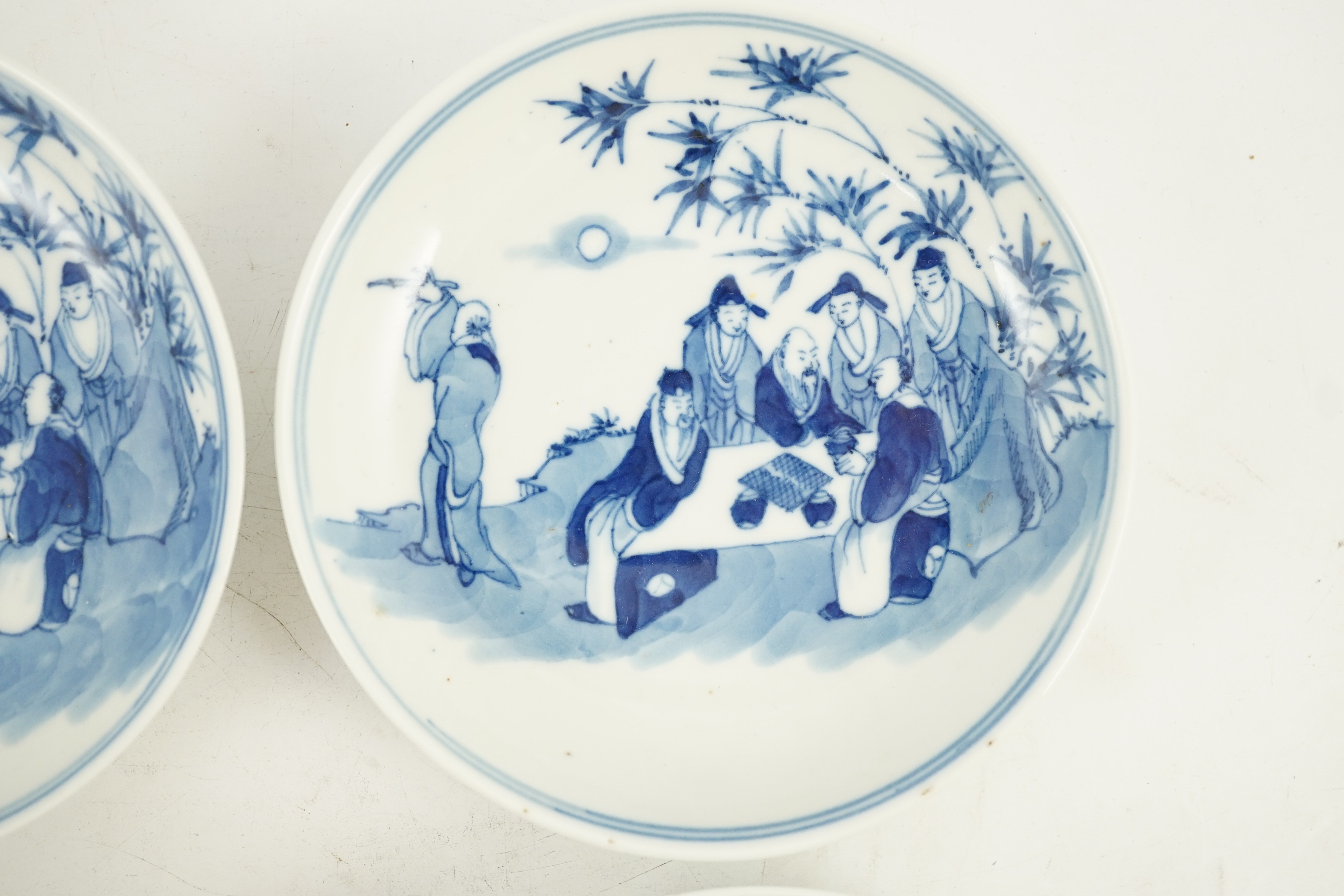 A set of six Chinese ‘Seven Sages of the Bamboo Grove’ saucer dishes, Kangxi marks but late 19th - Image 7 of 10