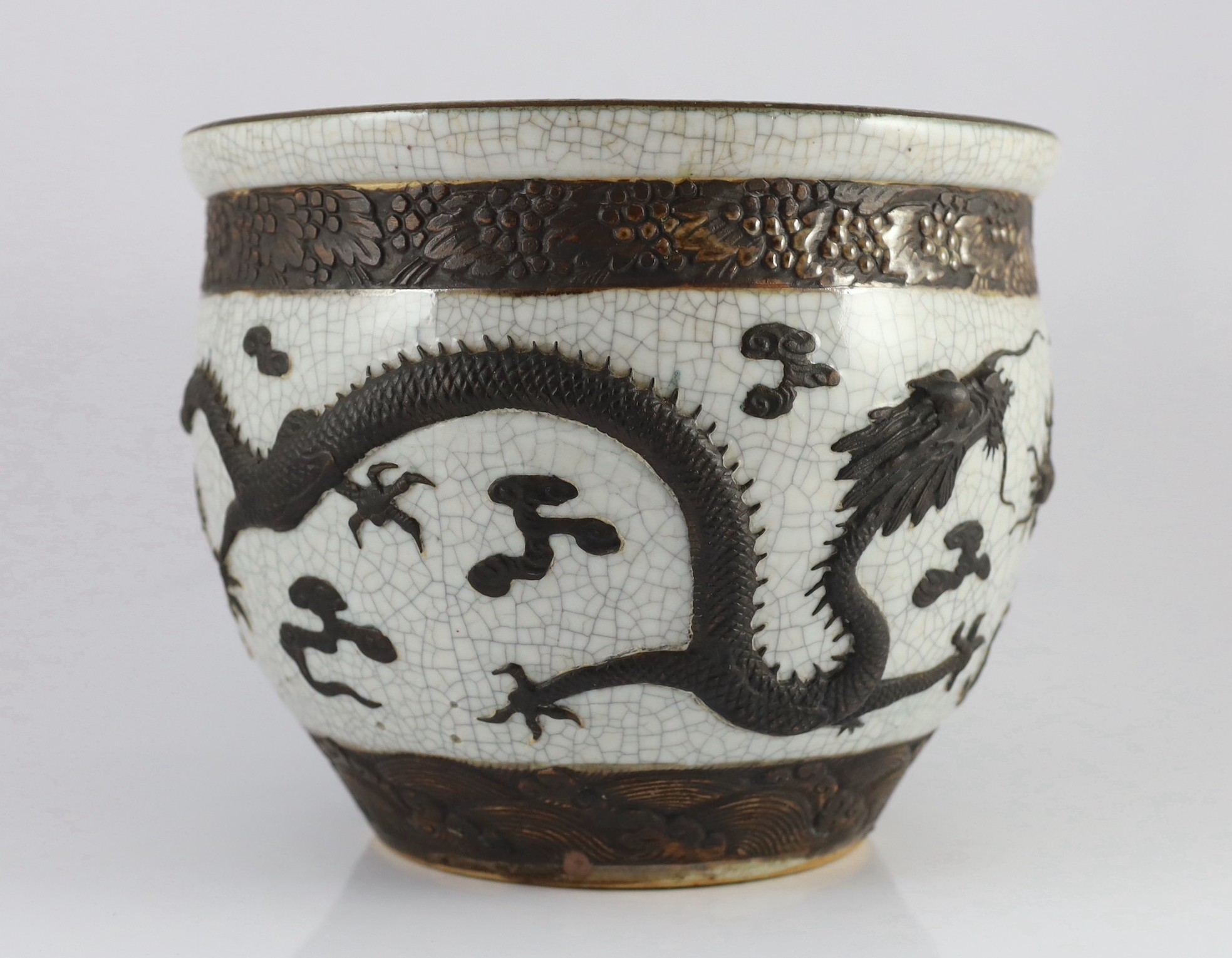 A Chinese crackle glaze 'dragon' jardiniere, late 19th century, moulded in relief and painted in - Image 4 of 6