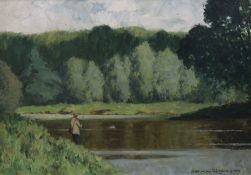§ § Norman Wilkinson (British, 1878-1971) Angler beside a riveroil on canvassigned34 x 49cm***