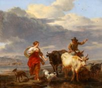 Nicholaes Bercham (Dutch, 1620-1683) A pastoral landscape with figures, cattle, goats and a dogoil