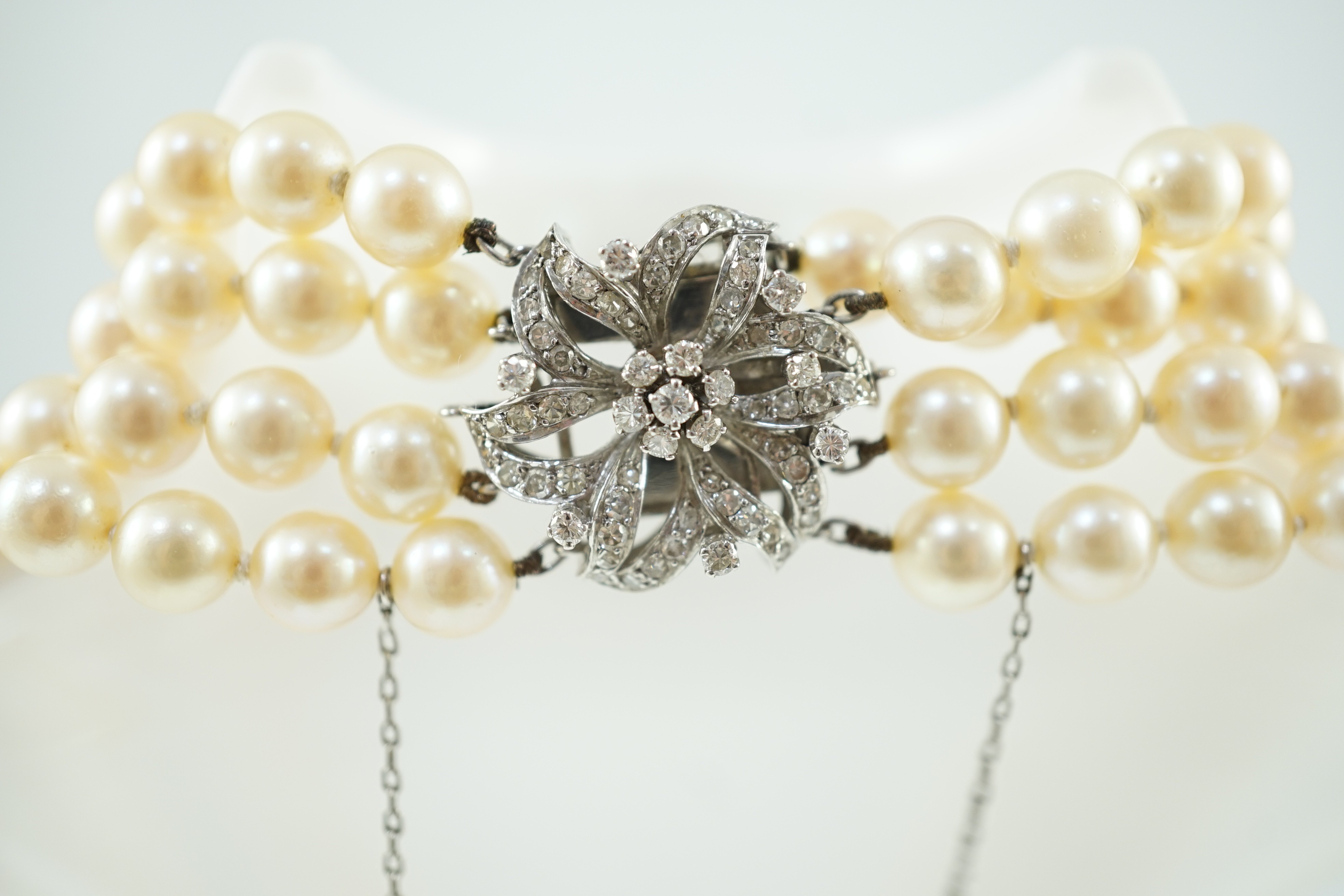 A mid to late 20th century continental quadruple strand cultured pearl necklace, with white gold and - Image 4 of 7