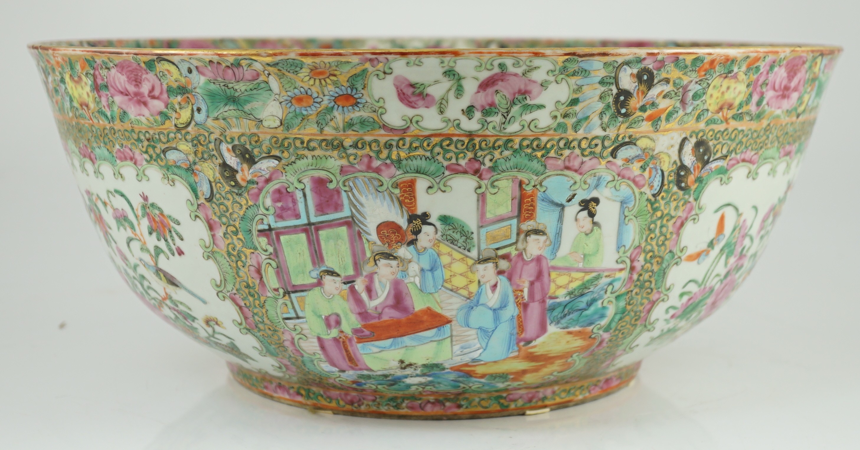 A large Chinese Canton (Guangzhou) decorated famille rose bowl, c.1830-50, typically painted to - Image 5 of 9