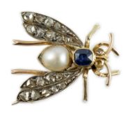 A late Victorian gold, sapphire, baroque pearl and rose cut diamond set bug brooch, 23mm, gross