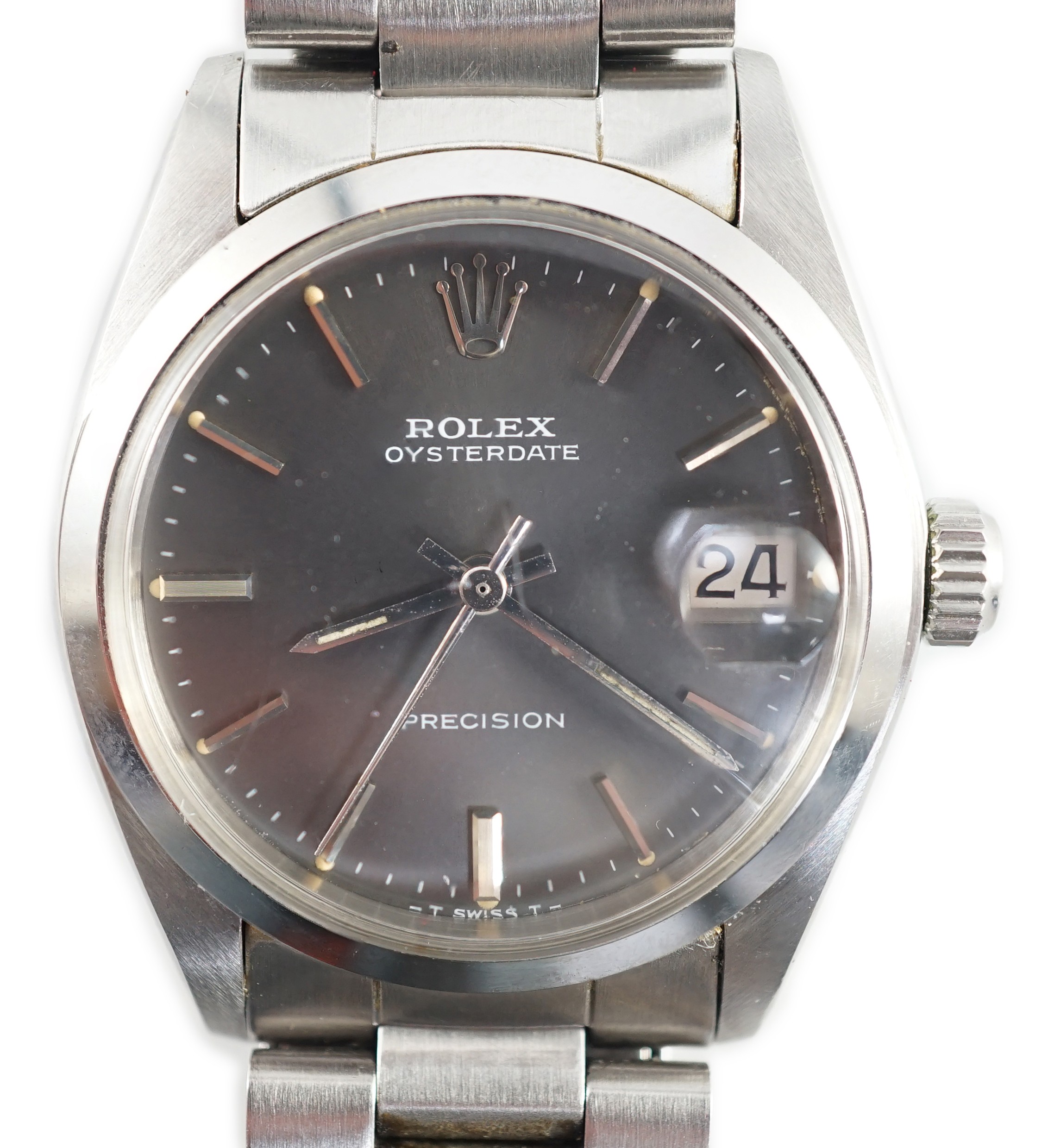 A 1980's mid-size stainless steel Rolex Oysterdate Precision manual wind wrist watch, on a stainless