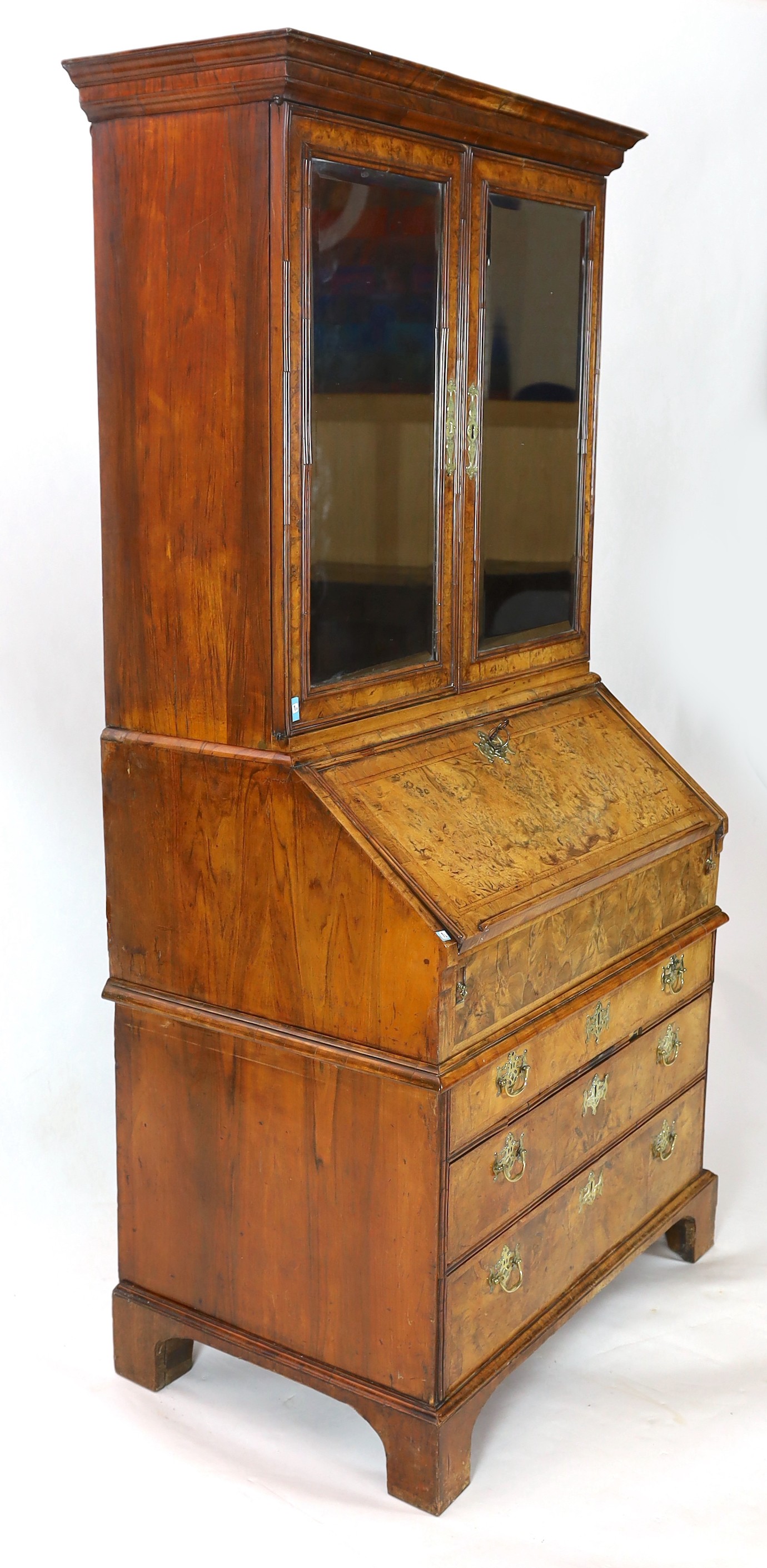 A George I walnut bureau bookcase, with moulded cornice and two bevelled mirrored doors enclosing - Image 4 of 4