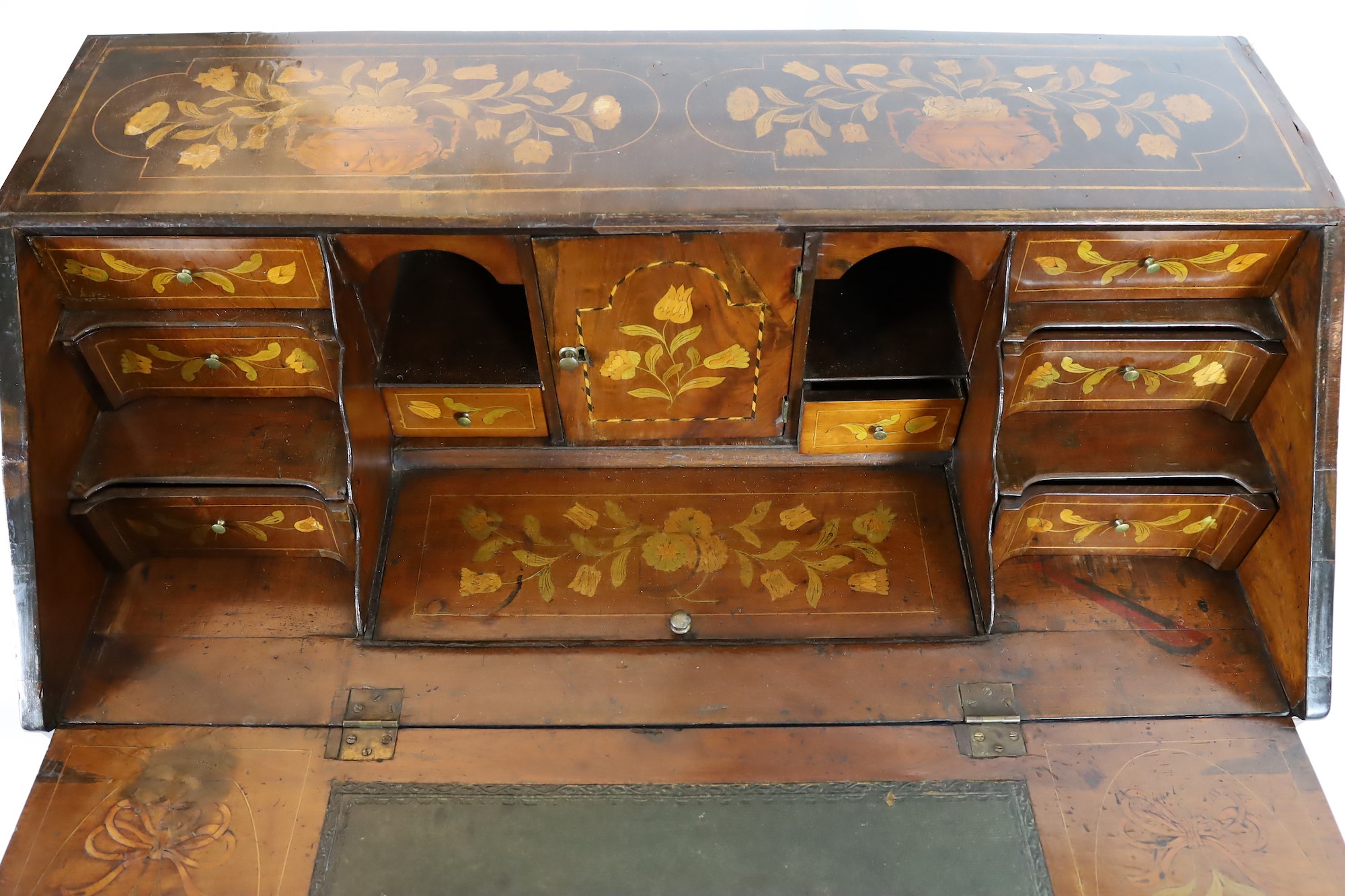 A late 18th century Dutch mahogany and floral marquetry bombé bureau, with fitted interior and - Image 4 of 4