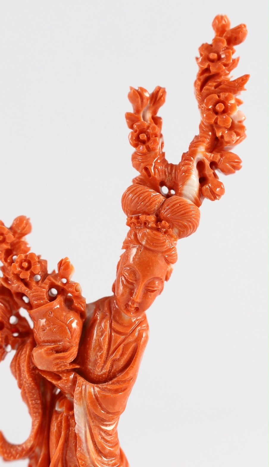 A Chinese carved coral figure of a flower fairy, 20th century, the figure holding a vase of - Image 3 of 8