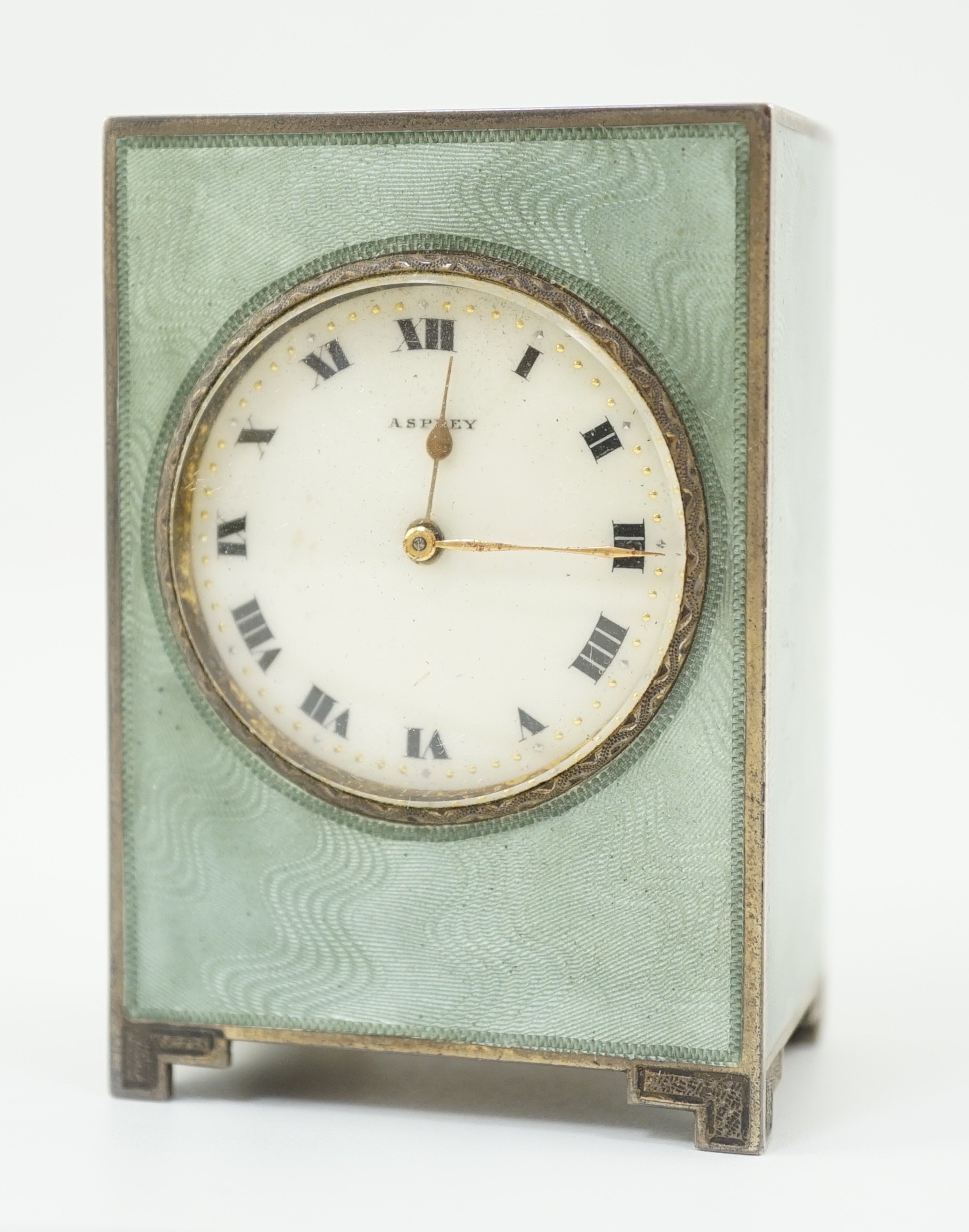 A George V silver and green guilloche enamelled travelling timepiece, retailed by Asprey, in - Image 2 of 11