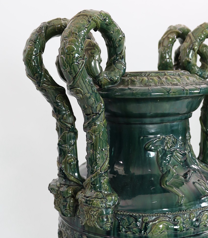 A massive Continental majolica green glazed campana vase and associated stand, late 19th century, - Image 4 of 6