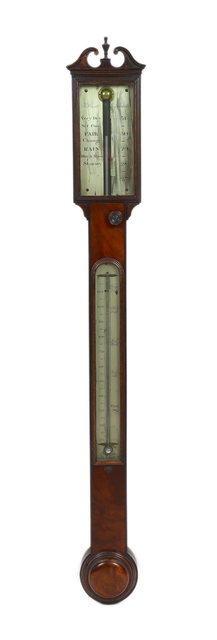 J. Blunt of London. A Regency mahogany stick barometer, with silvered scale and thermometer, 13cm