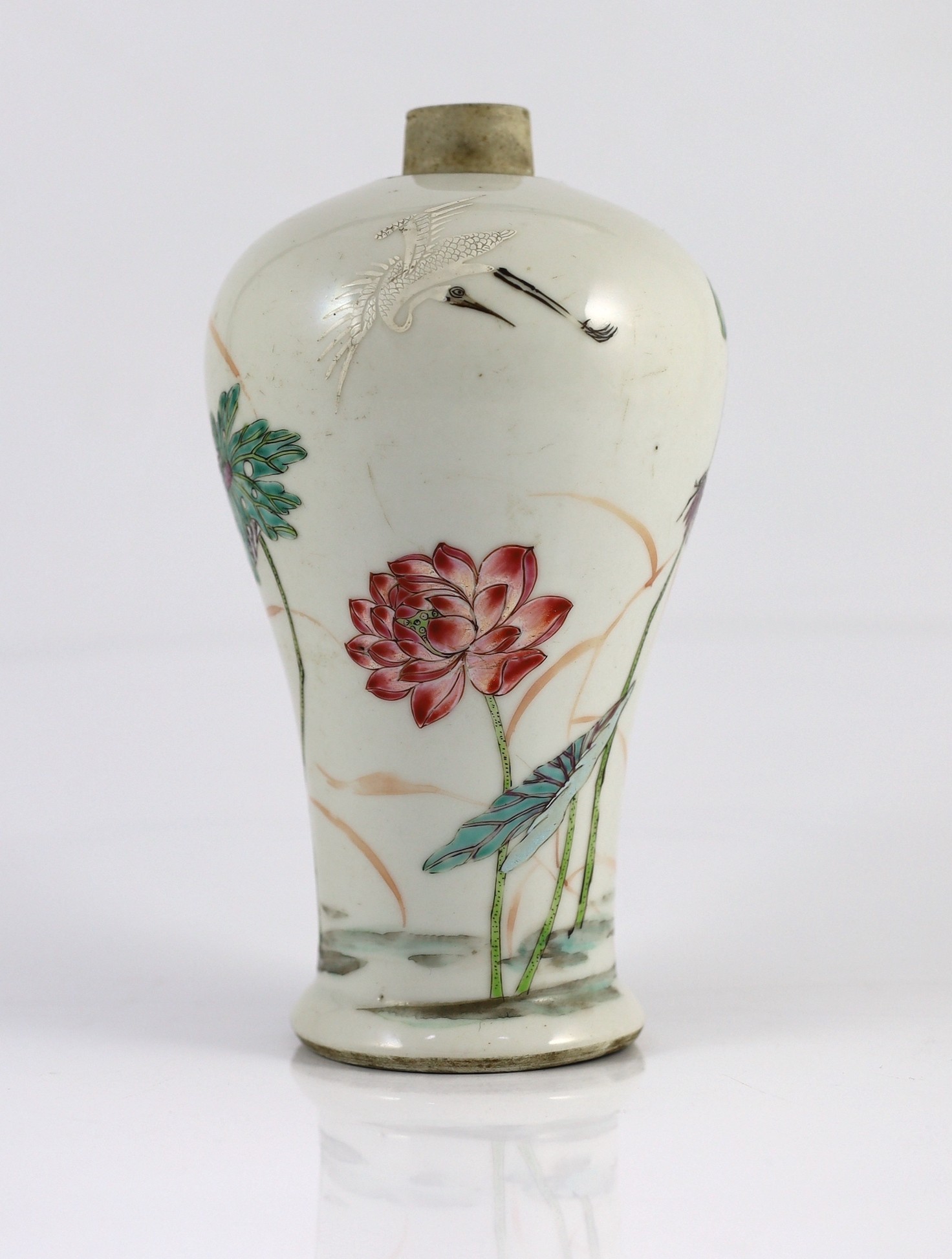 A Chinese famille rose baluster ‘crane and lotus’ meiping, Yongzheng period, finely painted with two - Image 2 of 6